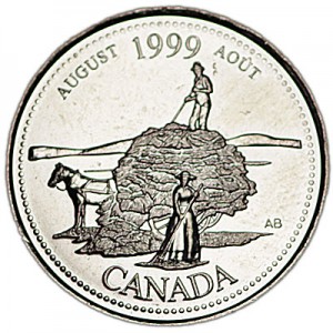 25 cents 1999 Canada, August price, composition, diameter, thickness, mintage, orientation, video, authenticity, weight, Description