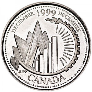 25 cents 1999 Canada, December price, composition, diameter, thickness, mintage, orientation, video, authenticity, weight, Description