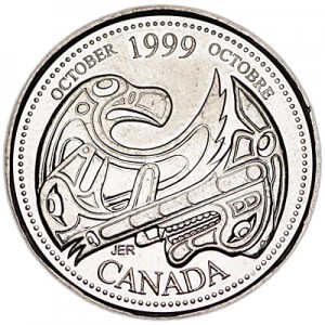 25 cents 1999 Canada, October price, composition, diameter, thickness, mintage, orientation, video, authenticity, weight, Description