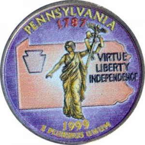 25 центов 1999 США Пенсильвания (Pennsylvania) (цветная) цена, стоимость
