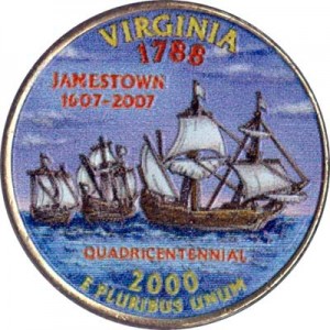 25 cents Quarter Dollar 2000 USA Virginia (colorized)