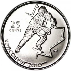 25 cents 2007 Canada Olympics 2010 Vancouver : Hockey price, composition, diameter, thickness, mintage, orientation, video, authenticity, weight, Description
