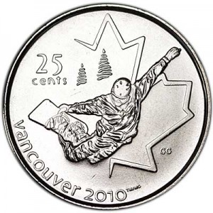 25 cents 2008 Canada Olympics 2010 Vancouver : Snowboarding price, composition, diameter, thickness, mintage, orientation, video, authenticity, weight, Description
