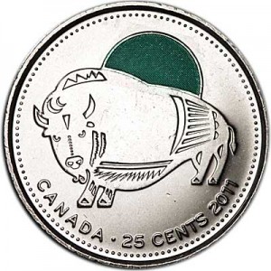 25 cents 2011 Canada, Bison (colored), UNC price, composition, diameter, thickness, mintage, orientation, video, authenticity, weight, Description