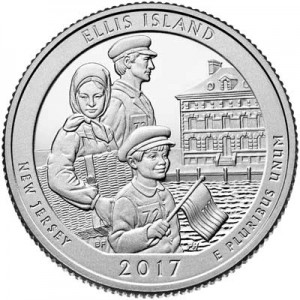 Quarter Dollar 2017 USA Ellis Island 39th National Park, mint mark P price, composition, diameter, thickness, mintage, orientation, video, authenticity, weight, Description