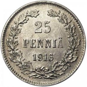 25 pennia 1916 Finland, from circulation VF price, composition, diameter, thickness, mintage, orientation, video, authenticity, weight, Description