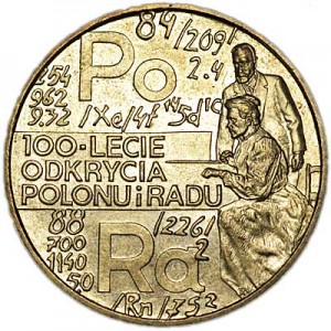 2 zloty 1998 100 years of the discovery of radium and polonium (100 Lat Odkrycia Polonu I Radu) price, composition, diameter, thickness, mintage, orientation, video, authenticity, weight, Description