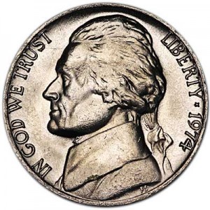 Nickel five cents 1974 US, mint P price, composition, diameter, thickness, mintage, orientation, video, authenticity, weight, Description