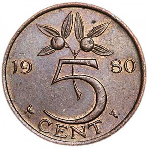 5 cents 1980 Netherlands price, composition, diameter, thickness, mintage, orientation, video, authenticity, weight, Description