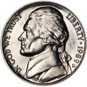 Nickel five cents 1989 US, mint D price, composition, diameter, thickness, mintage, orientation, video, authenticity, weight, Description