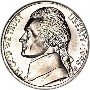 Nickel five cents 1996 US, mint D price, composition, diameter, thickness, mintage, orientation, video, authenticity, weight, Description