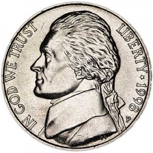 Nickel fünf Cent 1998 USA, Minze P Preis, Komposition, Durchmesser, Dicke, Auflage, Gleichachsigkeit, Video, Authentizitat, Gewicht, Beschreibung