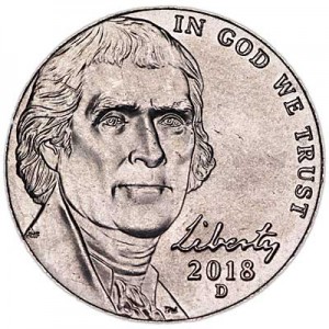 Nickel five cents 2018 US, D price, composition, diameter, thickness, mintage, orientation, video, authenticity, weight, Description