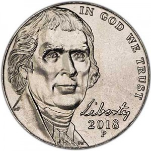 Nickel five cents 2018 US, P price, composition, diameter, thickness, mintage, orientation, video, authenticity, weight, Description