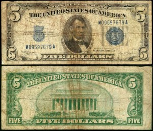 Banknote 5 Dollar 1934 C USA Zertifikat mit blauem Siegel, VG