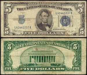 5 долларов 1934 B США серебряный сертификат с синей печатью, банкнота, VF-VG