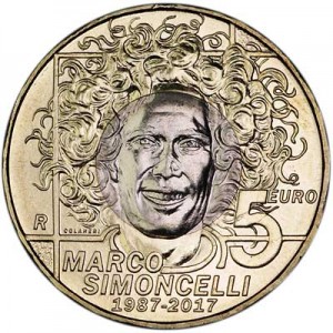 5 евро 2017 Сан-Марино, 30 лет со дня рождения Марко Симончелли цена, стоимость