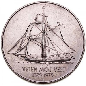 5 kroner 1975 Norway Veien mot vest price, composition, diameter, thickness, mintage, orientation, video, authenticity, weight, Description