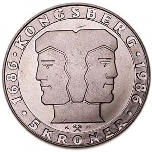 5 крон 1986 Норвегия, 300 лет норвежскому монетному двору цена, стоимость