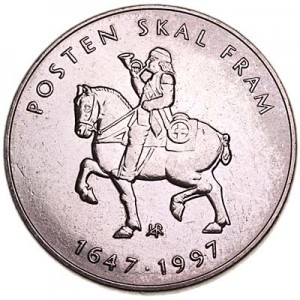 5 крон 1997 Норвегия, 350 лет почтовой службе цена, стоимость