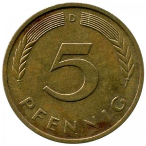 5 pfennig 1991 Germany price, composition, diameter, thickness, mintage, orientation, video, authenticity, weight, Description
