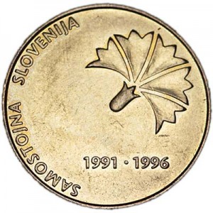 5 tolars 1996 Slovenia 5 years of independence price, composition, diameter, thickness, mintage, orientation, video, authenticity, weight, Description