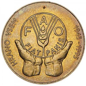 5 tolars 1995 Slovenia 50th anniversary of the World Food Program price, composition, diameter, thickness, mintage, orientation, video, authenticity, weight, Description