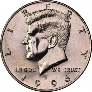 Half Dollar 1996 USA Kennedy Minze D  Preis, Komposition, Durchmesser, Dicke, Auflage, Gleichachsigkeit, Video, Authentizitat, Gewicht, Beschreibung
