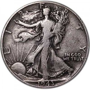 Half Dollar 1943 USA Liberty Walking mint P price, composition, diameter, thickness, mintage, orientation, video, authenticity, weight, Description