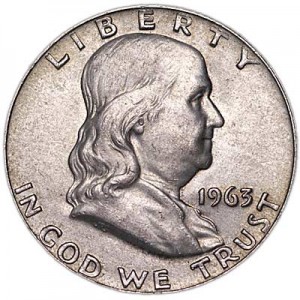 Half Dollar 1963 USA Franklin mint D,  price, composition, diameter, thickness, mintage, orientation, video, authenticity, weight, Description