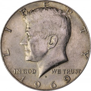 Half Dollar 1969 USA Kennedy Minze D,  Preis, Komposition, Durchmesser, Dicke, Auflage, Gleichachsigkeit, Video, Authentizitat, Gewicht, Beschreibung