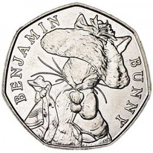 50 pence 2017 United Kingdom 150th Birthday Beatrice Potter, Benjamin Bunny price, composition, diameter, thickness, mintage, orientation, video, authenticity, weight, Description