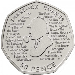50 pence 2019 United Kingdom, Sherlock Holmes price, composition, diameter, thickness, mintage, orientation, video, authenticity, weight, Description