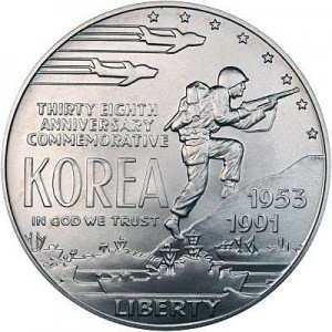 1 доллар 1991 США Война в Корее,  UNC, серебро