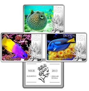 Set von 1 Dollar 2013 Niue Tropical Fish, 3 Münzen in Kartons Preis, Komposition, Durchmesser, Dicke, Auflage, Gleichachsigkeit, Video, Authentizitat, Gewicht, Beschreibung