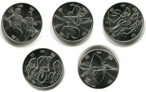 Set of 100 yen 2019 Japan Olympic Games, Tokyo 2020, 5 coins price, composition, diameter, thickness, mintage, orientation, video, authenticity, weight, Description