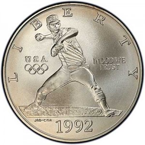 1 доллар 1992 XXV Олимпиада, Бейсбол,  UNC цена, стоимость
